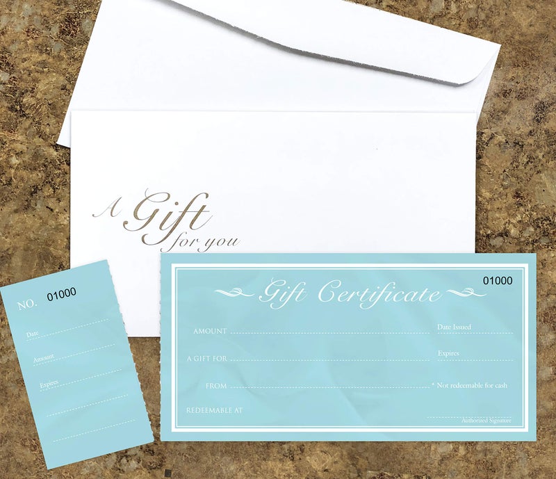 IMPACTONLINEPRINTING Blank Gift Certificates Cards with Envelopes 25set -Modern teal with stub-Gift Coupons,Vouchers for Small Business,Spa,Makeup,Hair Beauty Salon,Restaurant,Wedding Bridal,Baby Shower,Christmas,Birthday - Image 3
